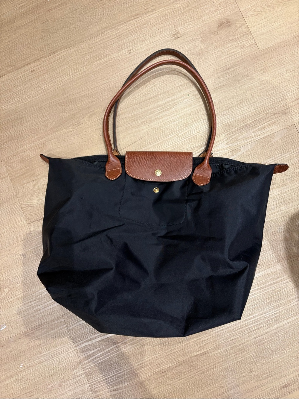 Longchamp Le Pliage Large Black Tote with Brown Leather Trim Medium